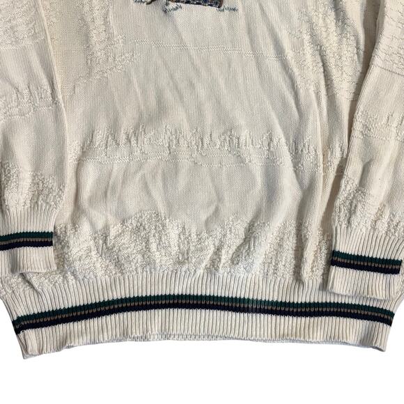 Isle of Cotton Embroidered Golf Sweater Knit Pattern Cream Vintage Large Tall - Picture 6 of 8